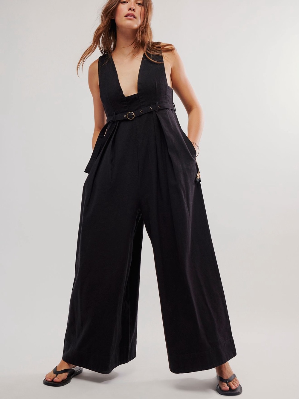 Free People Black Deep-V Wide Leg Belted Jumpsuit